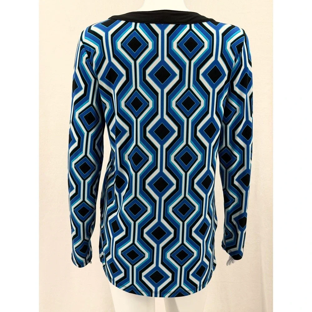 Michael Kors Top Womens Small Blue Geometric Lace Up V-Neck Mod Stretch‎ Office